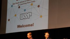 João Ferreira, Ling Liu e Abu Mostafa durante o Evento Data Science . Foto: Cecília Bastos/USP Imagem